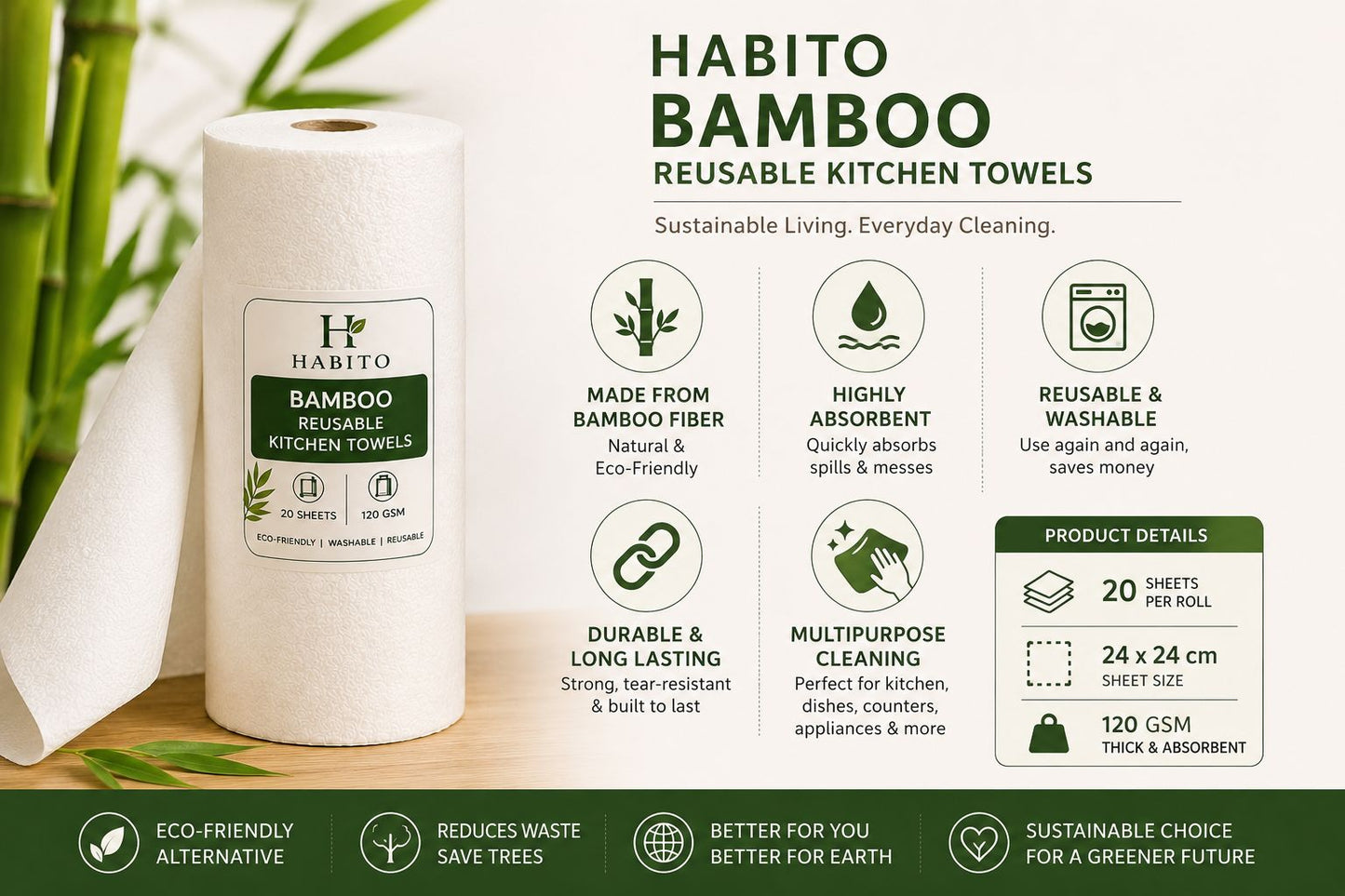Bamboo Reusable Kitchen Towel Roll – Wash, Reuse & Save Money