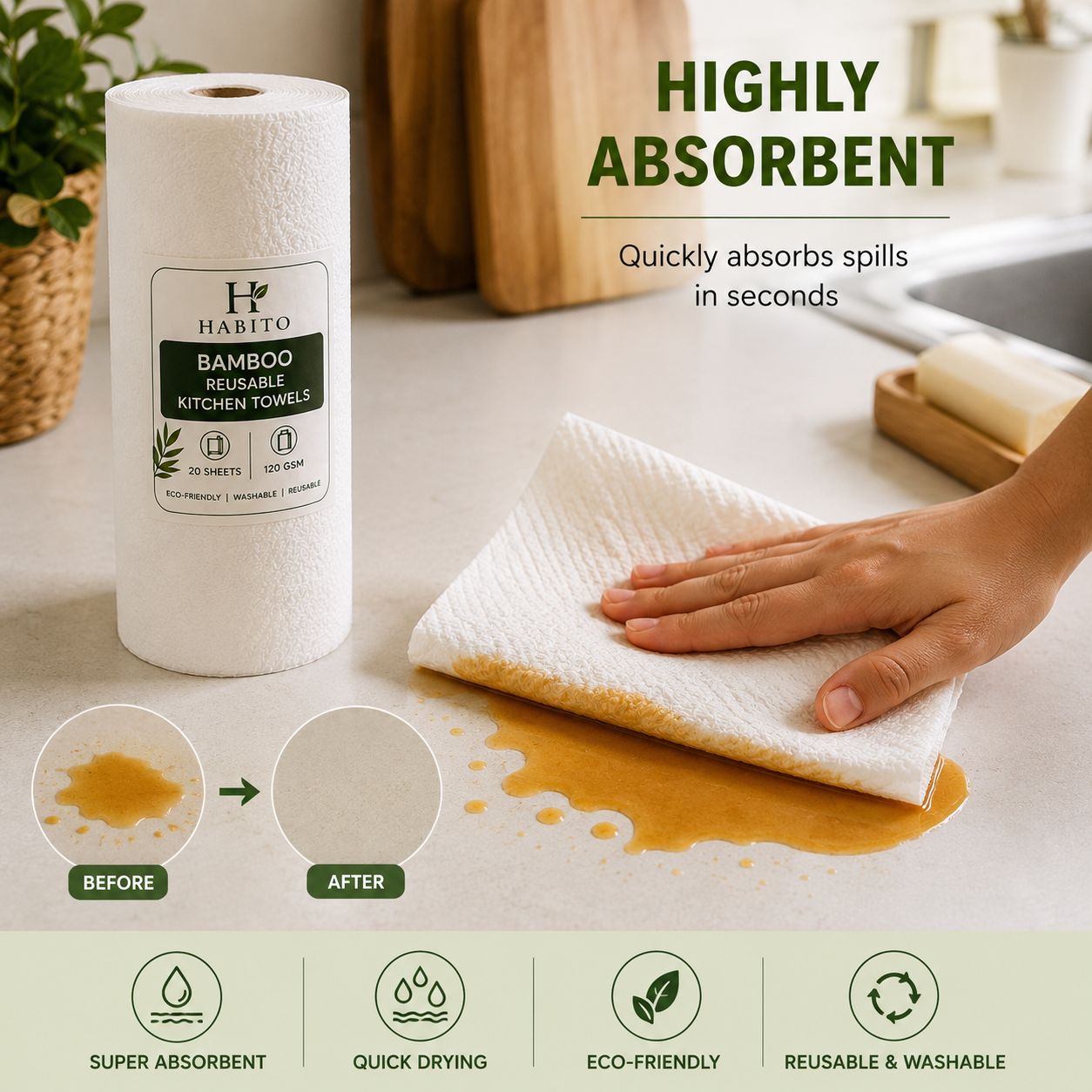 Bamboo Reusable Kitchen Towel Roll – Wash, Reuse & Save Money